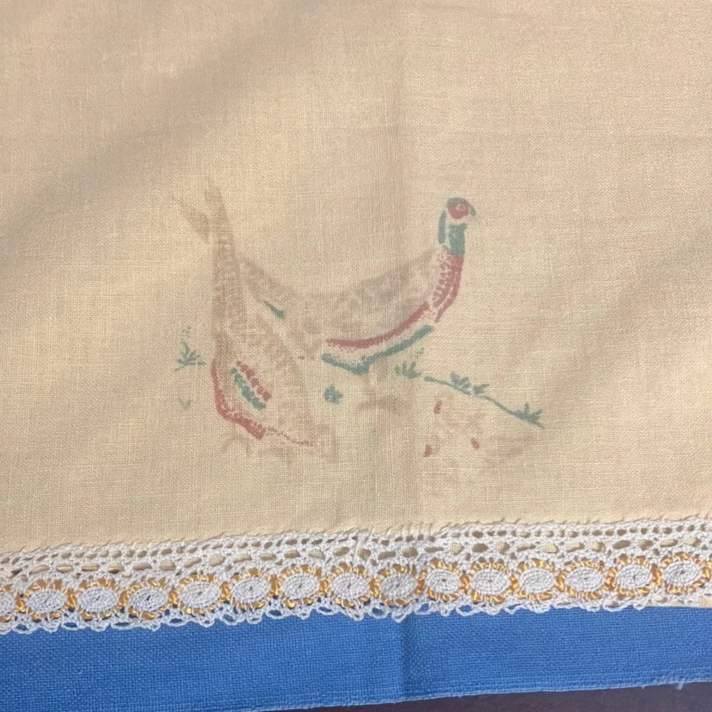 Set of 3 Vintage Cotton Tea Towels / Rags Blue Cannon, Yellow Pheasant with Lace